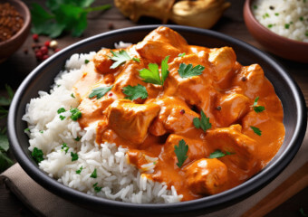 pollo al curry en plato pequeño