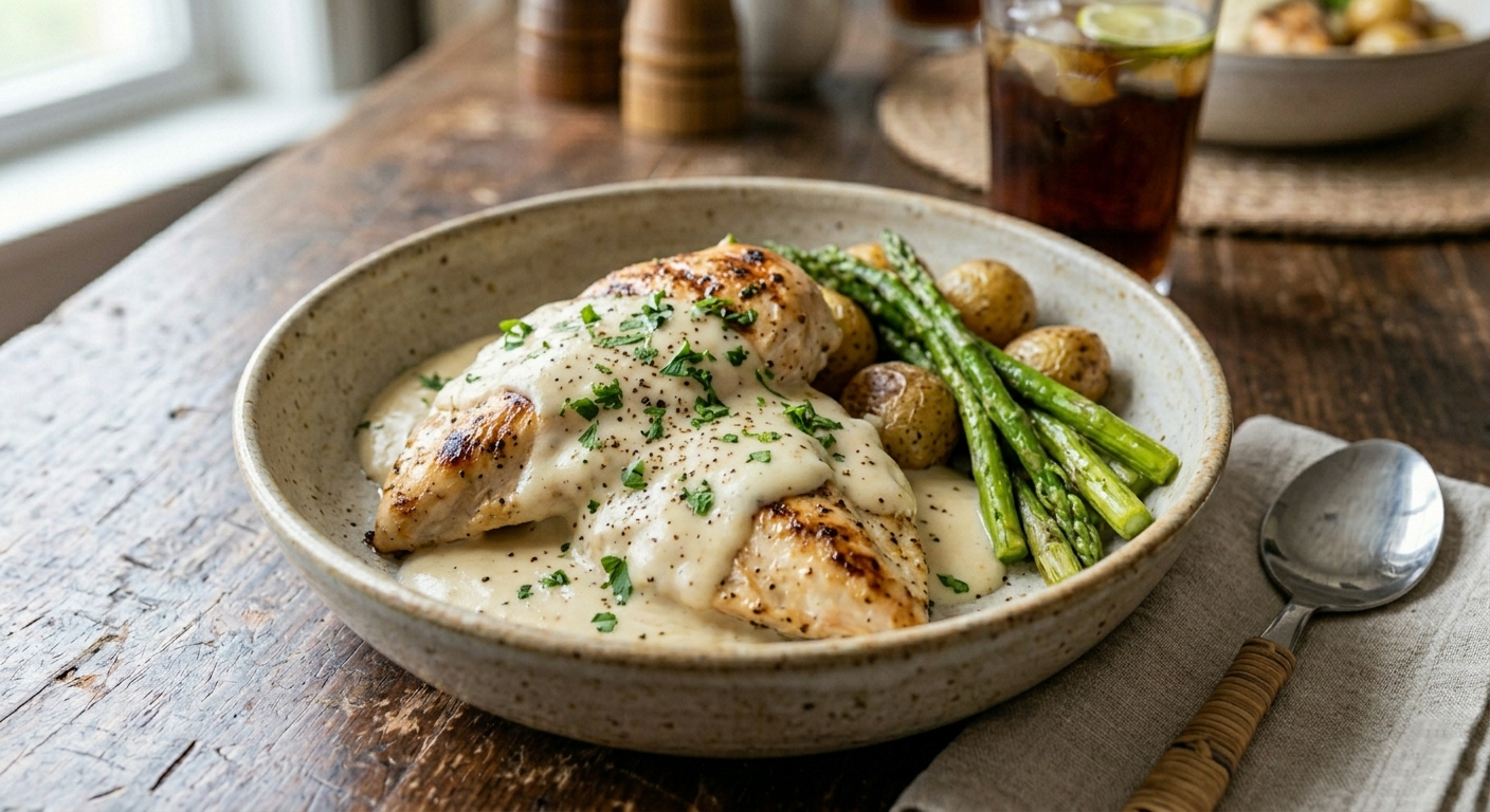 Pollo al limón y cúrcuma con hierbas frescas — plato saludable y colorido