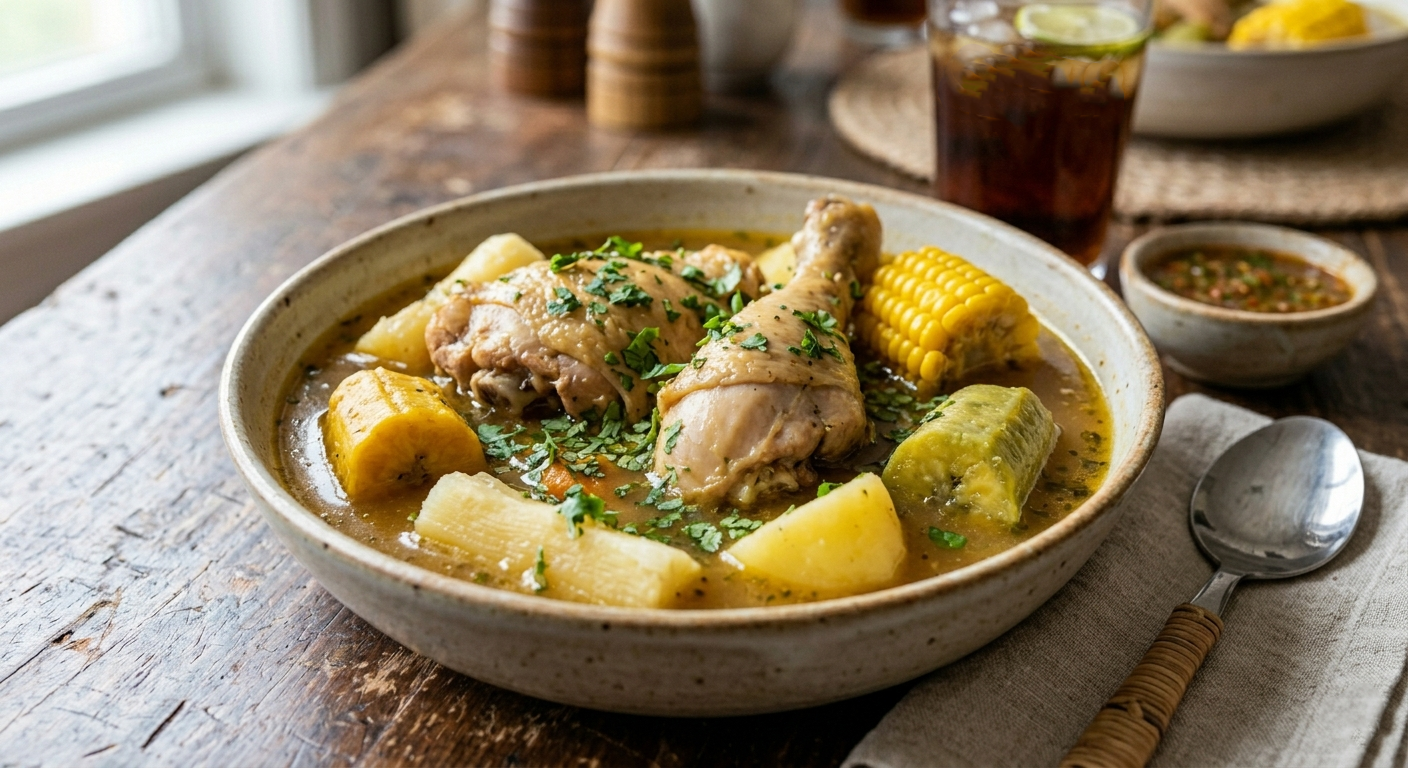 Sudado de pollo colombiano con papa, tomate y cebolla en olla de barro